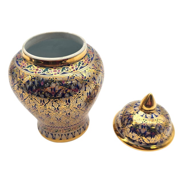 Late 20th Century Thai Benjarong Hand-Painted Gilt Porcelain Covered Jar 6.6" For Sale - Image 4 of 17
