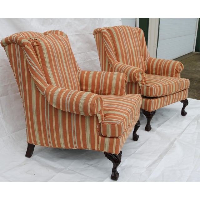 Very comfortable and solid Jessica Charles wingback chairs. I love the durable striped fabric and the solid construction...