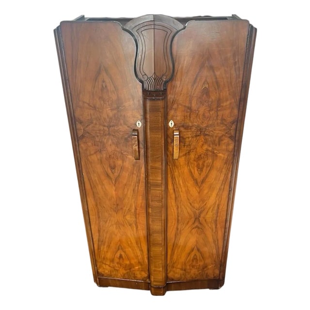 1930s English Art Deco Figured Walnut Armoire / Wardrobe Cabinet For Sale