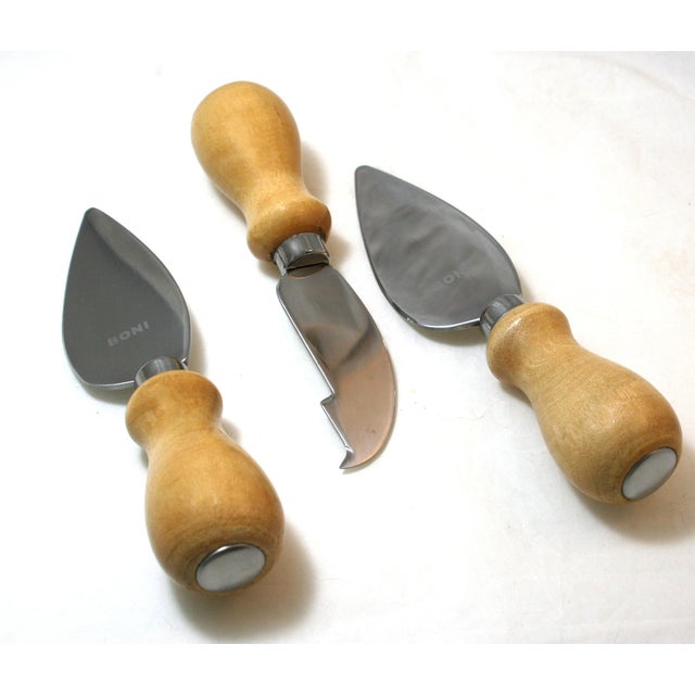 Vintage Professional 3 Pc Large Cheese Knife Set Boni Italy Stainless Steel & Beechwood For Sale In West Palm - Image 6 of 6