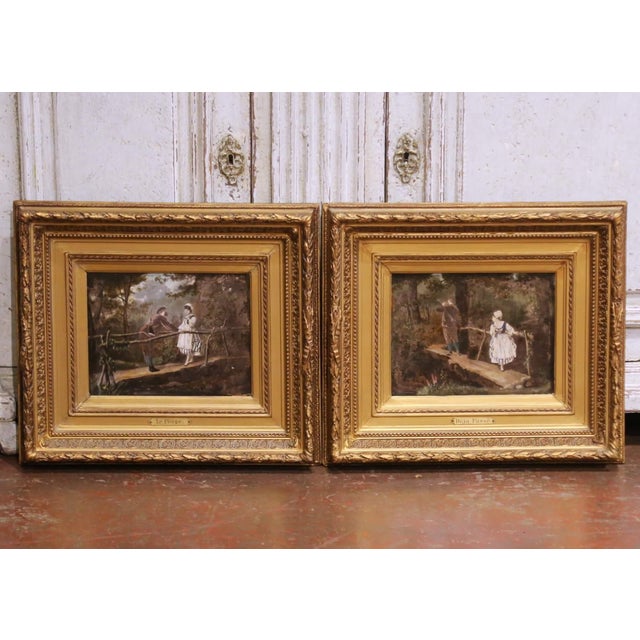 Wood Pair of 19th Century French Pendant Genre Paintings on Board in Carved Frames For Sale - Image 7 of 15