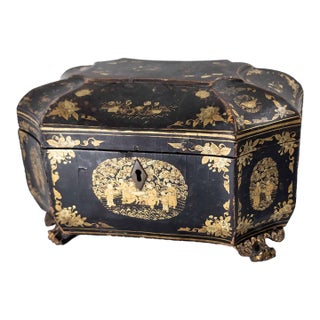 19th Century Chinese Export Black Lacquer Tea Caddy With Gilt Decoration For Sale