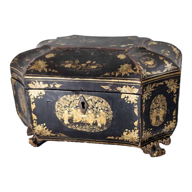 19th Century Chinese Export Black Lacquer Tea Caddy With Gilt Decoration For Sale