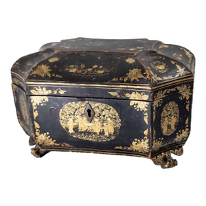 19th Century Chinese Export Black Lacquer Tea Caddy With Gilt Decoration