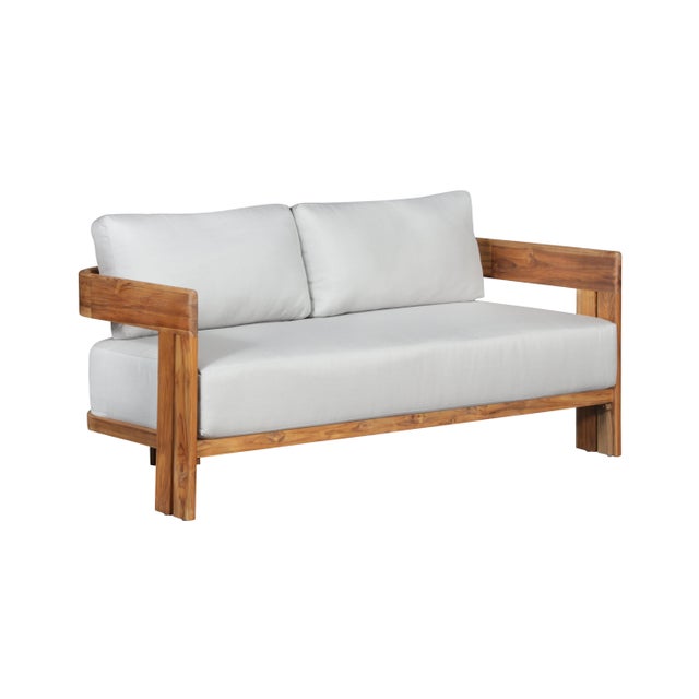 Paradiso Outdoor Solid Teak Wood Love Seat - Light Gray Fabric For Sale - Image 4 of 9
