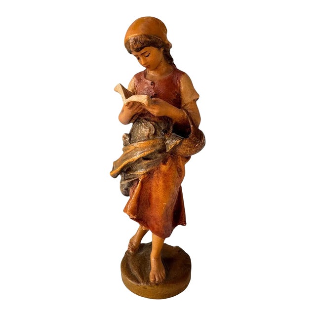 Vintage Carved Wood Reading Girl Figurine With Basket For Sale