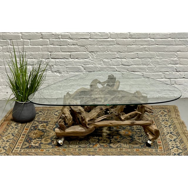 Mid Century Modern Driftwood + Glass Coffee Table | Organic Modern Cocktail Table Castors For Sale In New York - Image 6 of 14