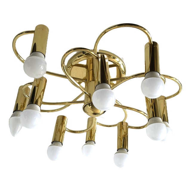 Mid-Century Modern Space Age 10-Light Brass Ceiling Lamp by Honsel Leuchten for Sölken Leuchten, Germany, 1970s For Sale