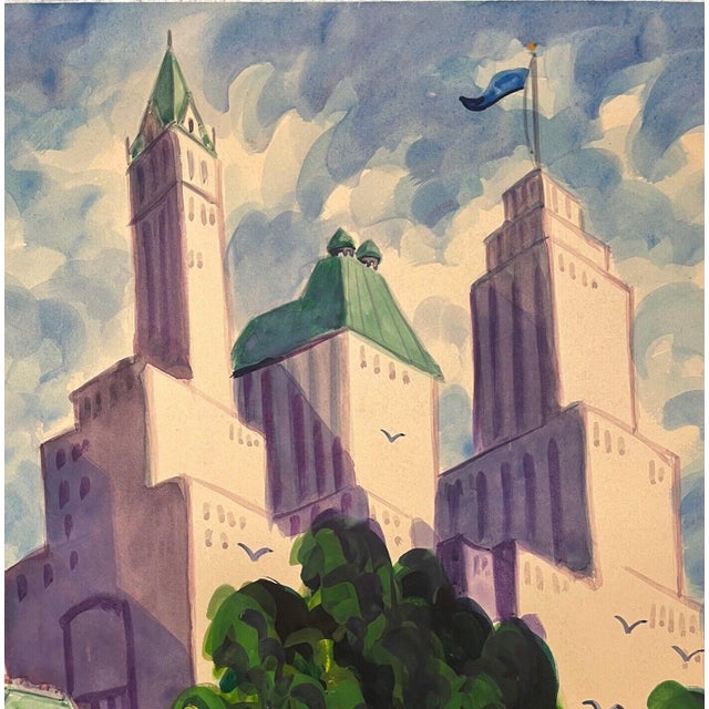 Paint Vintage James Russell Sherman Central Park Plaza Hotel Roof New York Painting For Sale - Image 7 of 11