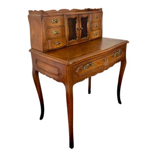 1930s Petite Antique French Provincial Walnut Secretary Writing Desk With Leather Top For Sale