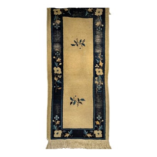 Late 19th Century Chinese Peking Rug, Hand-Knotted Wool, Tan & Navy, 3' x 5' For Sale