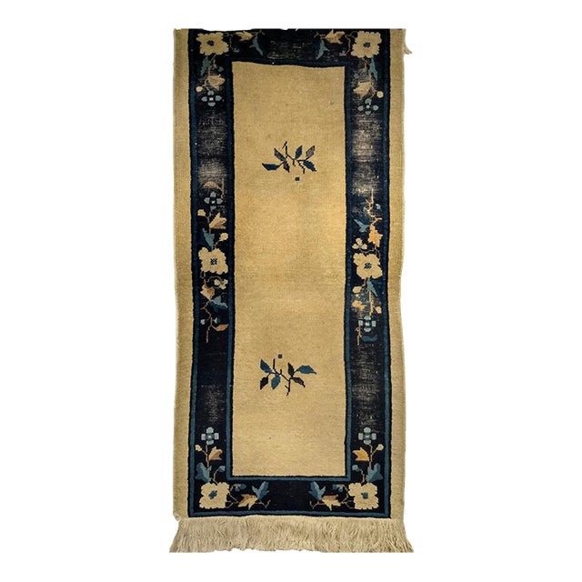 Late 19th Century Chinese Peking Rug, Hand-Knotted Wool, Tan & Navy, 3' x 5' For Sale