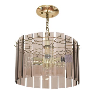 1970s Smoked Glass and Polished Brass Six Bulb Chandelier For Sale