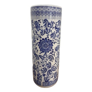Tall Chinoiserie Blue and White Porcelain Umbrella Stand Holder For Sale
