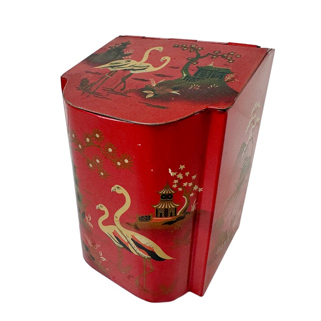 1960s 1960's Chinoiserie Tea Tin Tole Canister England Baret Ware Red Pagodas Birds For Sale - Image 5 of 6