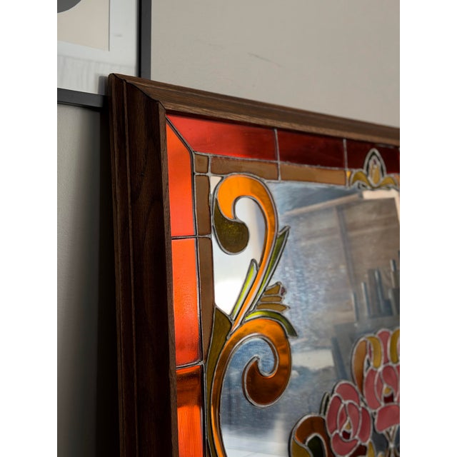 Vintage Artglas Reverse Painted Mirror — Art Nouveau Floral Panel, Hollywood Regency Statement, 1970s For Sale - Image 11 of 12