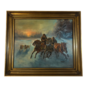 20Th Century Oil on Canvas by European School by Polish Artist Jaroslav Kamich ( b.1929) Horsemen in Winter Framed Signed