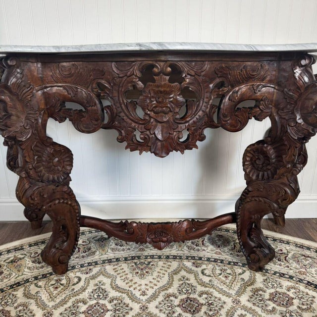 Brown Late 20th Century Hand-Carved Rococo Revival Marble Console & Mirror For Sale - Image 8 of 17