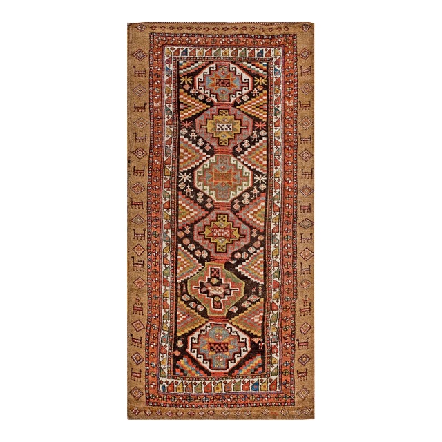 1880s Brown Geometric Tribal Antique Persian Kuridsh Rug 3'8" X 7'5" Handknotted Wool Carpet For Sale