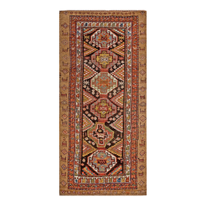 1880s Brown Geometric Tribal Antique Persian Kuridsh Rug 3'8" X 7'5" Handknotted Wool Carpet
