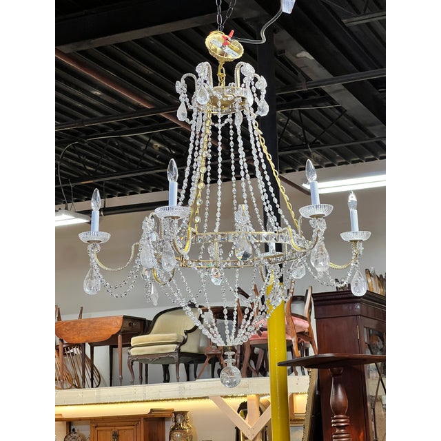 1980s Vintage Empire Style Brass and Rock Crystal Six Light Chandelier For Sale - Image 5 of 18