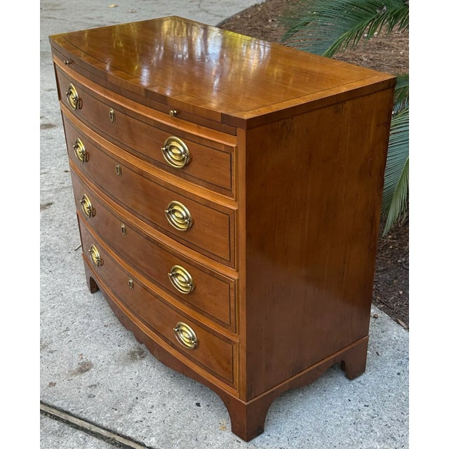 A handsome bowfront yew wood 4 drawer bachelors chest with pull out slide for extra table space. Made by Hickory, this...