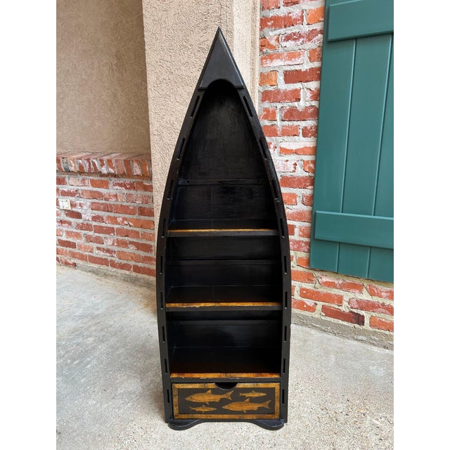 English Boat Form Etagere Black Lacquer Fish Decoupage Collection Bookshelf For Sale - Image 4 of 18