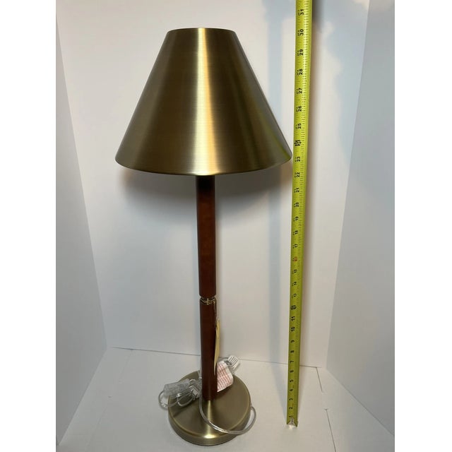 Mid-Century Modern Ralph Lauren Home Brass & Leather Candlestick Buffet Lamp For Sale - Image 3 of 9