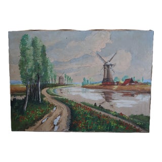 Original Mid-Century Impasto Dutch Windmill, Canal & Wildflower Painting For Sale