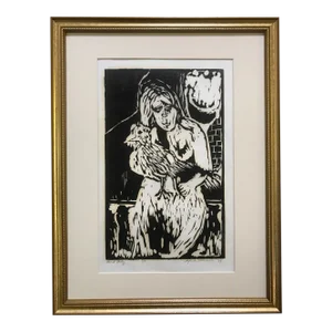 Vintage Expressionist Wood Block Print "Bird Lady" by Sylvia T. Gavurin 1969