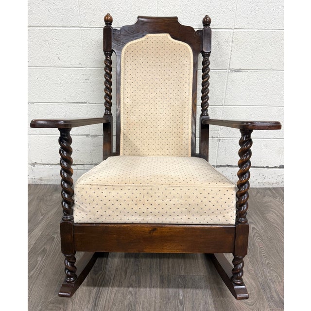 Vintage Jacobean Revival or Tudor Style Barley Twist Oak Armchair and Rocker Set For Sale - Image 10 of 17