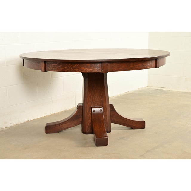 Stickley Brothers Stickley Brothers Antique Mission Oak Arts & Crafts Pedestal Extension Dining Table, Newly Refinished For Sale - Image 4 of 13