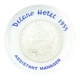 Image of Vintage 5-Star The Delano Hotel Miami Morgan Dollar Lucite Paperweight 1955 For Sale