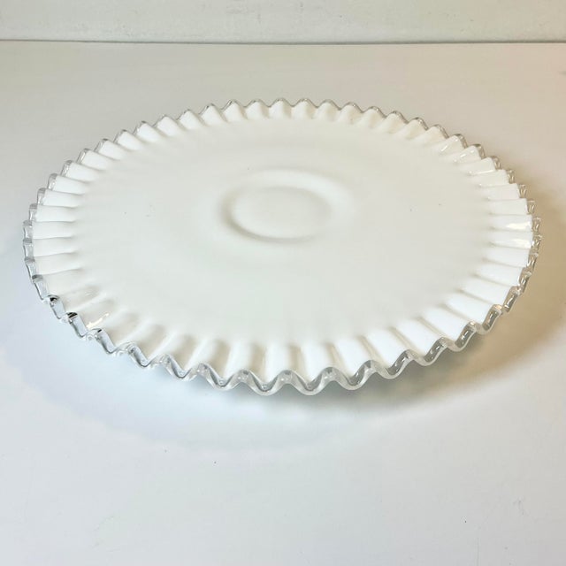 1950s Vintage Americana Farmhouse Boho Chic Fenton Silver Crest Milk Glass Ruffled Edge Low-Rise Cake Stand For Sale - Image 6 of 12