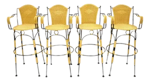 Late 20th Century French Country Wrought Iron Woven Vinyl Rattan Bar Stools With Arms - Set of 4