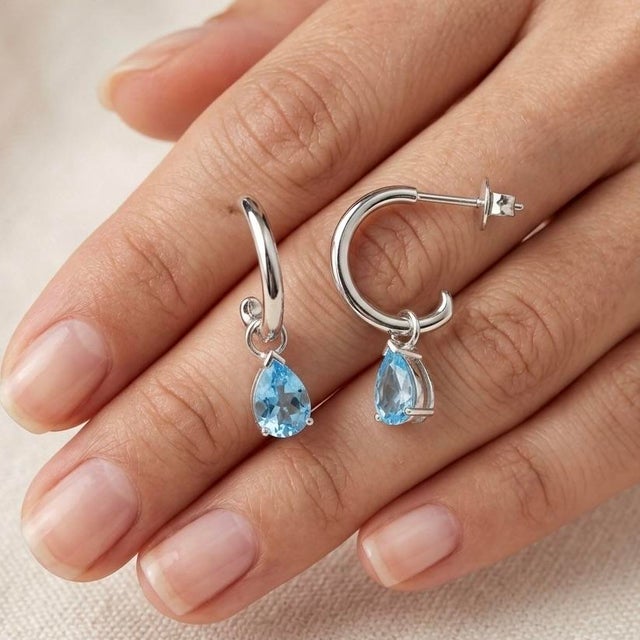 Contemporary Blue Topaz Solitaire Drop, Dainty Unique Statement Earrings for Woman - A Pair For Sale - Image 3 of 5