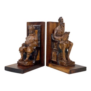 Antique Spanish Walnut Carved Don Quixote & Sancho Panza Bookends - a Pair For Sale