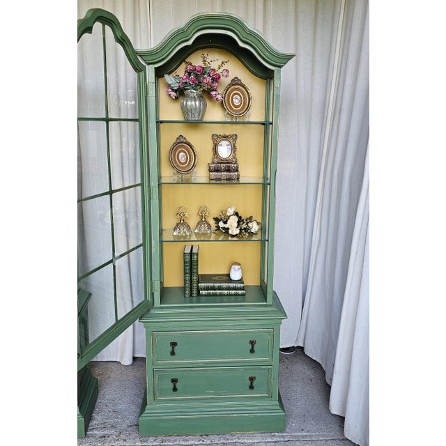 Gorgeous BRANDT petite Vitrine Cabinet, Curio Cabinet/ Display Cabinet. Green Boho Style. Features a classic bonnet/ Domed...