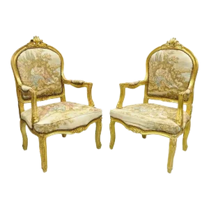 Vintage French Louis XV Style Gold Giltwood Tapestry Fabric Arm Chairs - a Pair