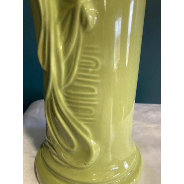 Ceramic Vintage Chartreuse Green Ceramic Vase With Asian Woman Relief For Sale - Image 7 of 10