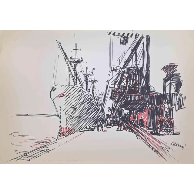 The Cornigliano Quay is an artwork realized by Renato Cenni (1906-1977) in 1970s. Original Lithograph. Hand-signed on the...