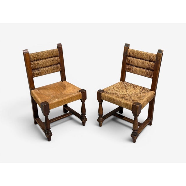 1940s Charles Doudouyt, Six Rustic Dining Chairs, Oak, Rush, France, 1940s For Sale - Image 5 of 16