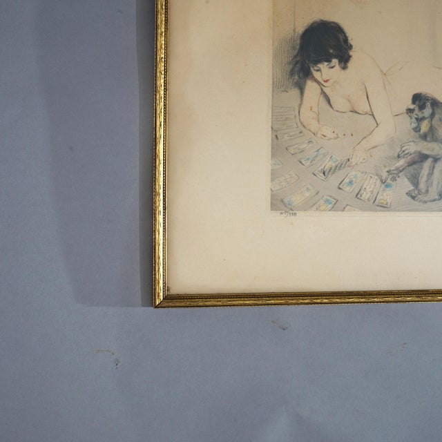 Paper Antique French PE Felix Colored Lithograph of a Nude Playing Cards with a Monkey For Sale - Image 7 of 9