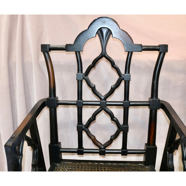 Chinoiserie Vintage Chinoiserie Black Carved Wood Arm Chairs With Caned Seat - A Pair For Sale - Image 3 of 4