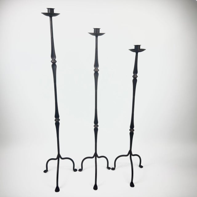 Hand Forged Iron Candelabra Set of 3 (97-117cm) Antique Copper Finish Classic Spindle Node Floor Set For Sale - Image 6 of 6
