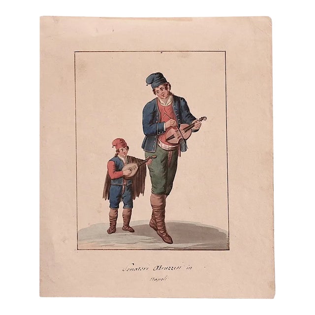 Michela De Vito, Musicians from Abruzzo, Watercolor, 19th Century For Sale