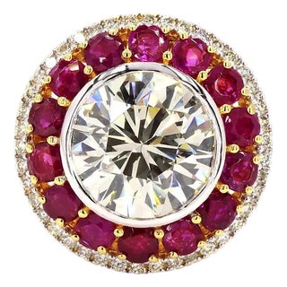 3.79 Carat Round Brilliant Cut Diamond Ruby Gold Ring, Size 6.5 For Sale