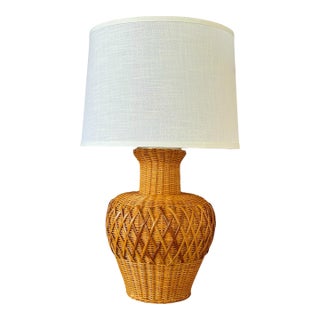 Mid-20th Century Coastal Boho Woven Rattan Table Lamp For Sale