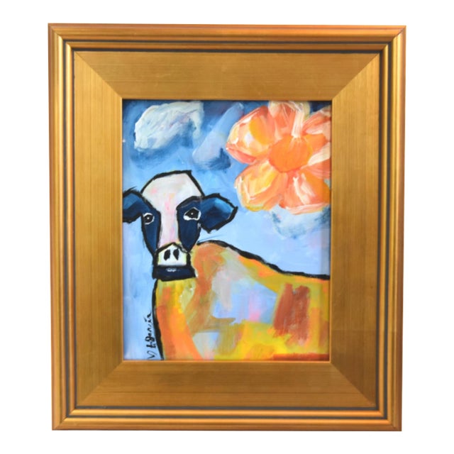 Whimsical Impressionist Cow Painting Including the Antiqued Gold Wood Frame For Sale
