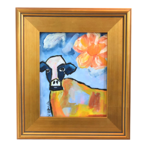 Whimsical Impressionist Cow Painting Including the Antiqued Gold Wood Frame